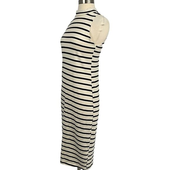 Monrow Size M Striped Midi Dress White Black Sleeveless Mock Neck Knee Length - Picture 8 of 11